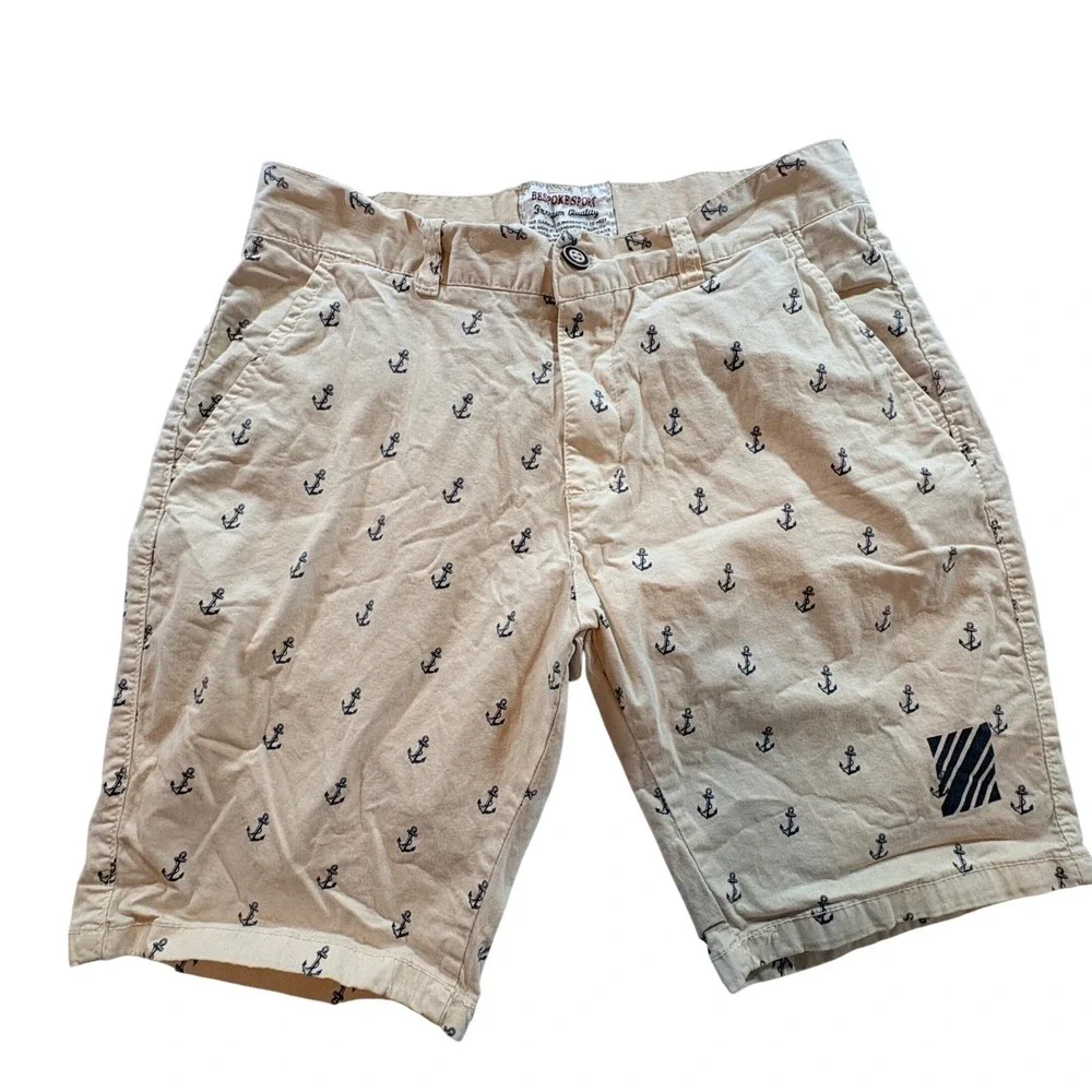 Bespoke Sport Anchor Print Chino Shorts Men 32 Tan Nautical Cotton Summer Casual